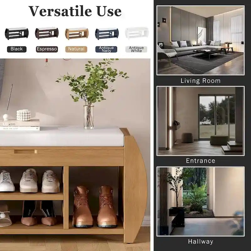 Multi Functional Storage Bench With Hidden Compartment And Open Shelf
