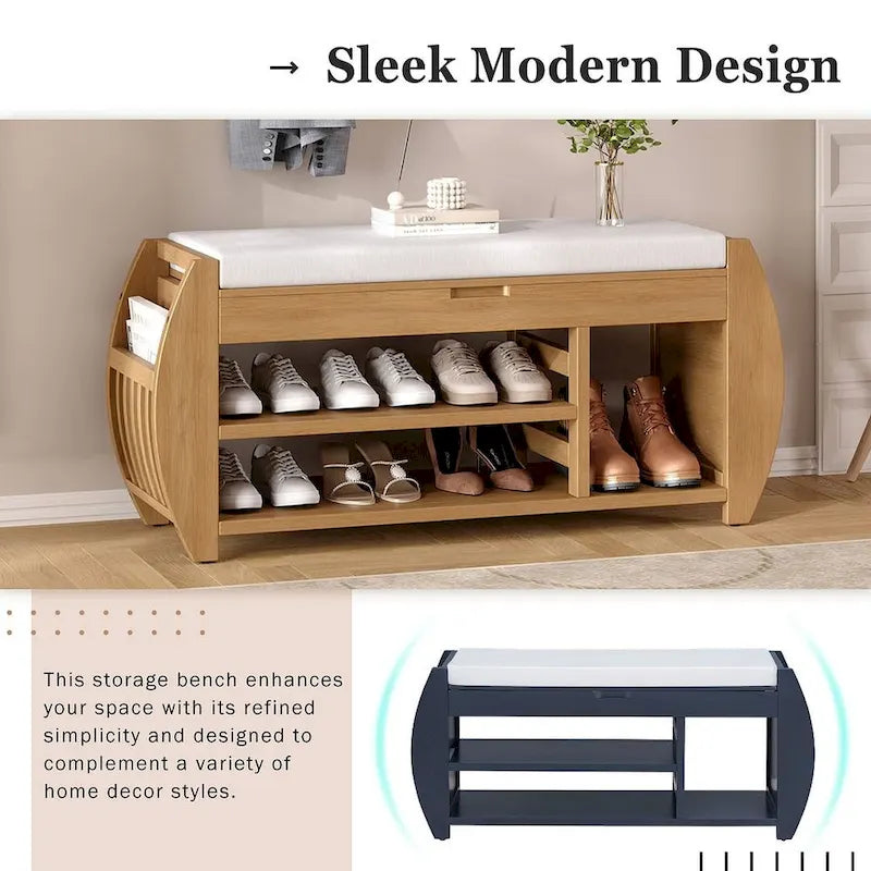 Multi Functional Storage Bench With Hidden Compartment And Open Shelf