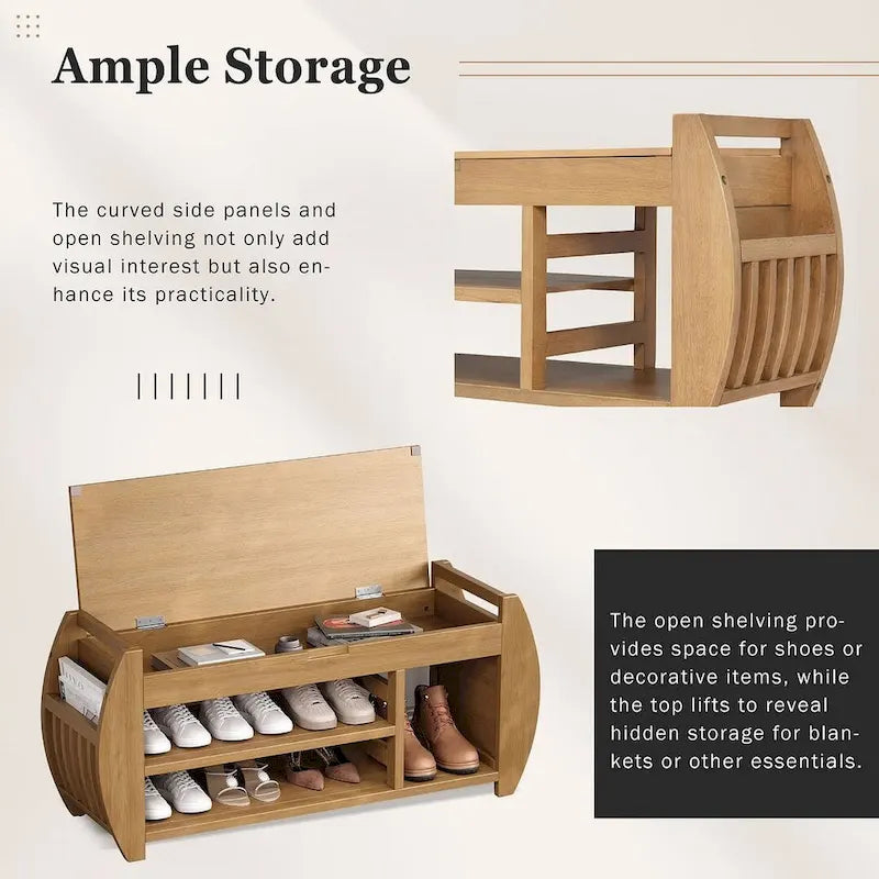 Multi Functional Storage Bench With Hidden Compartment And Open Shelf
