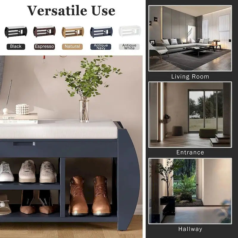 Multi Functional Storage Bench With Hidden Compartment And Open Shelf