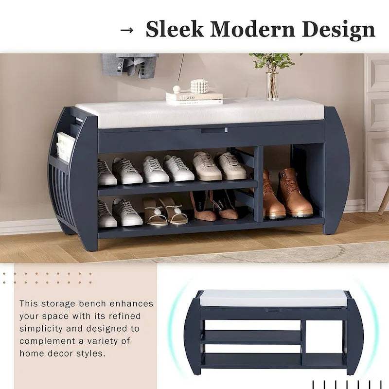 Multi Functional Storage Bench With Hidden Compartment And Open Shelf