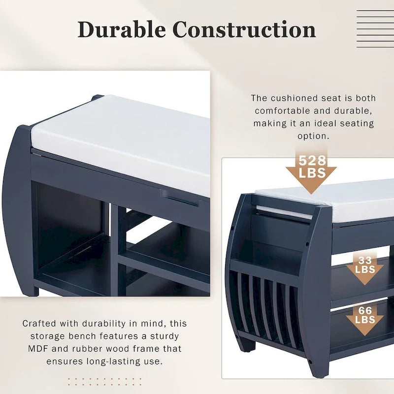 Multi Functional Storage Bench With Hidden Compartment And Open Shelf