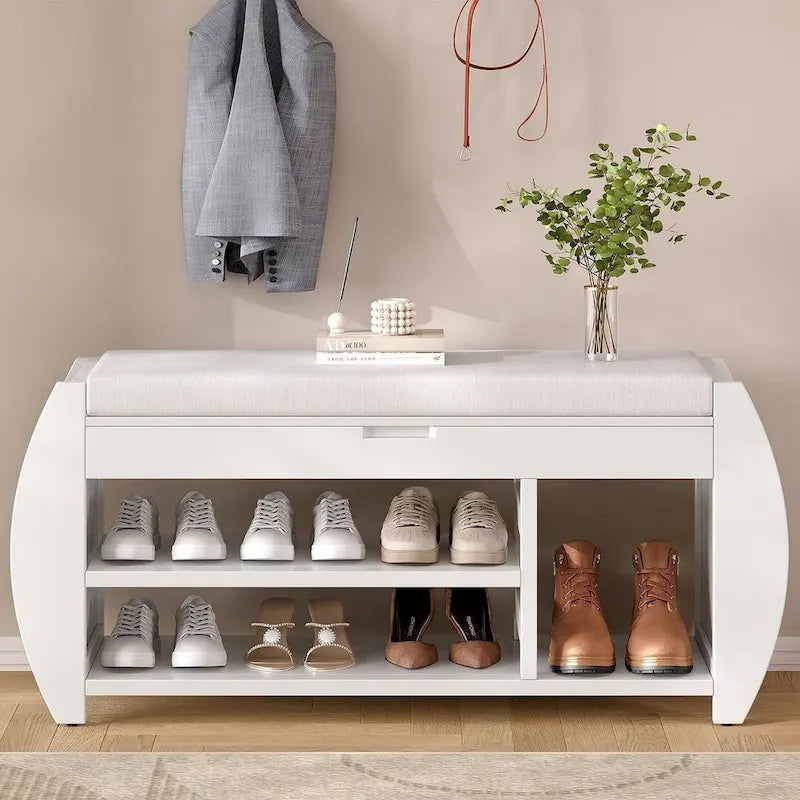 Multi Functional Storage Bench With Hidden Compartment And Open Shelf