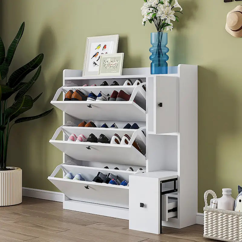 Versatile Tipping Bucket Shoe Cabinet with 3 Flip Drawers, Maximum Storage Entryway Organizer with Drawer