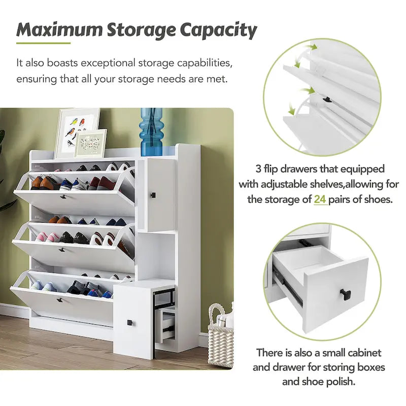 Versatile Tipping Bucket Shoe Cabinet with 3 Flip Drawers, Maximum Storage Entryway Organizer with Drawer