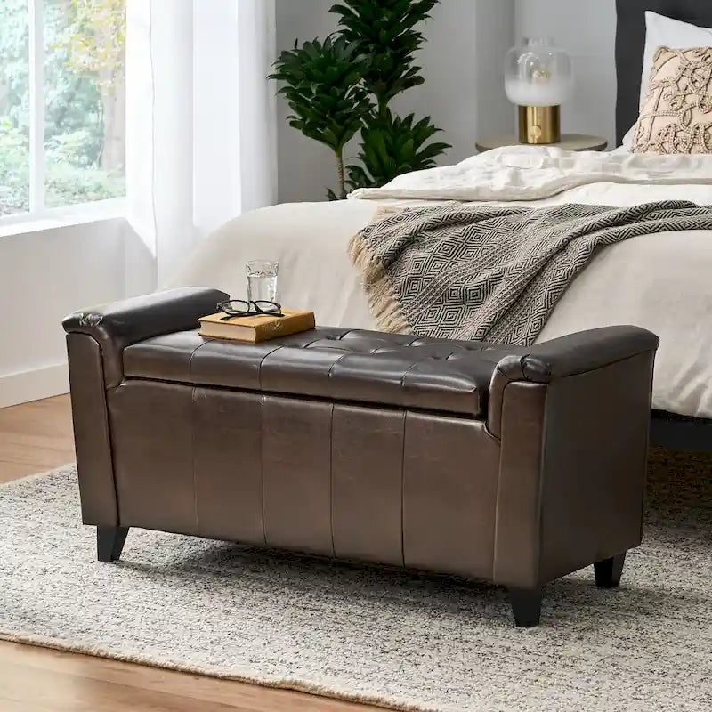 Modern Button Tufted Storage Ottoman Bench With Lift Top, 45.5" Wide, Birch Wood Legs