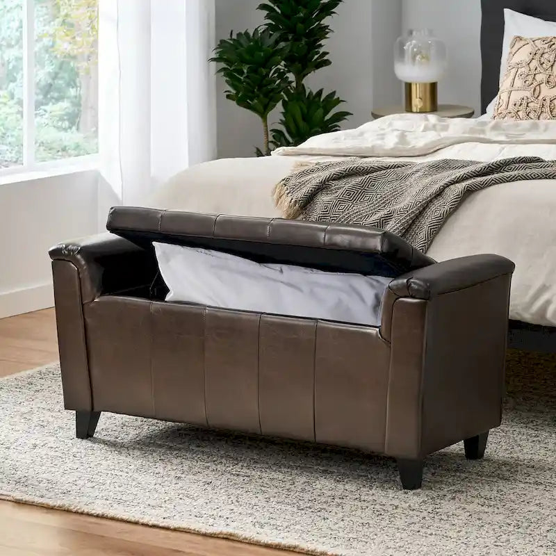 Modern Button Tufted Storage Ottoman Bench With Lift Top, 45.5" Wide, Birch Wood Legs