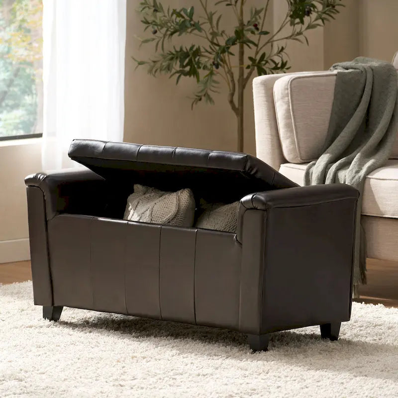 Modern Button Tufted Storage Ottoman Bench With Lift Top, 45.5" Wide, Birch Wood Legs