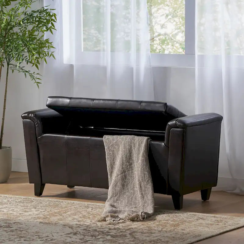 Modern Button Tufted Storage Ottoman Bench With Lift Top, 45.5" Wide, Birch Wood Legs