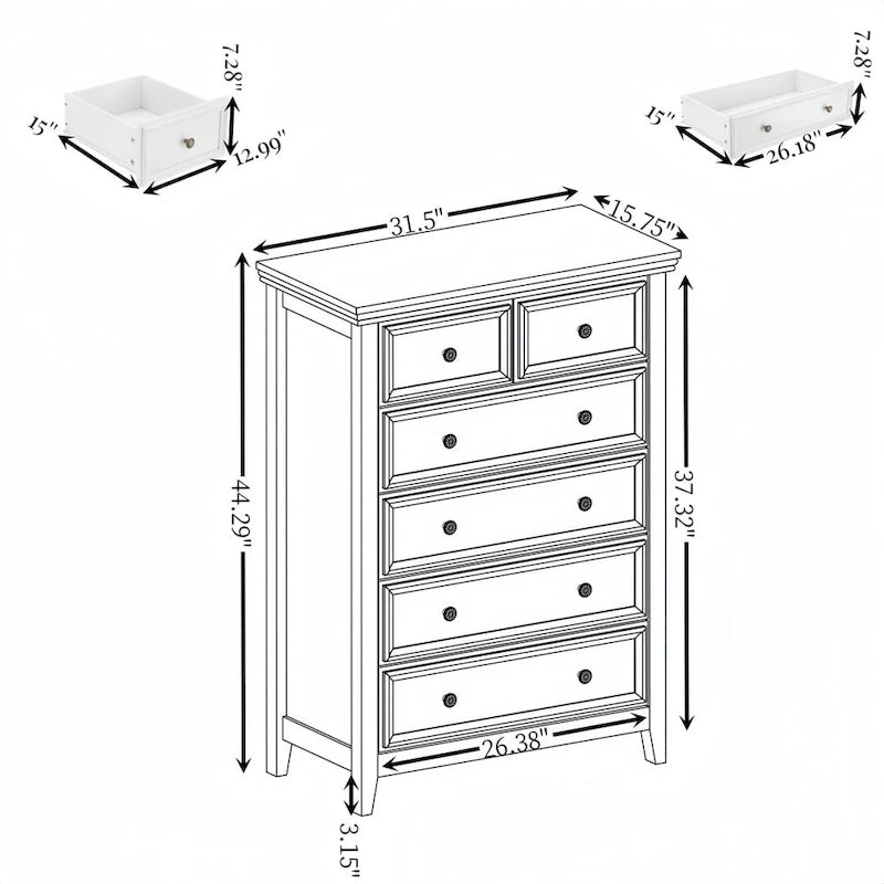 Modern 6 Drawers Dresser 6 Drawers Cabinet Chest of Drawers Closet Organizers - 31.50  * 15.75  * 44.29