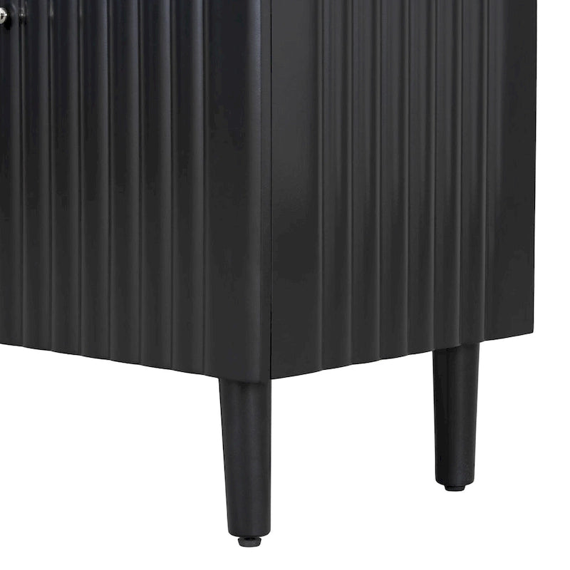 Elegant Four-Door Sideboard with Wavy Pattern Doors, Cylindrical Legs, and Sleek Metal Handles