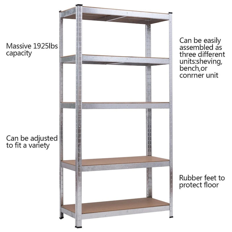 5-Tier Storage Rack, Black Steel, 71" H, Adjustable