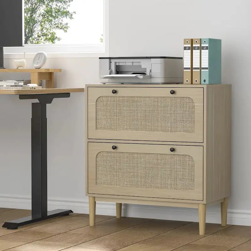 Anmytek Wood Rattan 2 Drawer Lateral File Cabinet with Adjustable Hanging Bar for Letter / A4 / Legal Size Files