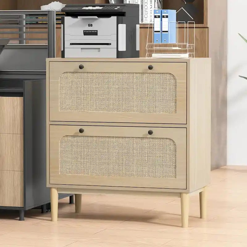 Wooden And Wicker Two-Drawer Horizontal Filing Cabinet With Adjustable Hanging Rods, Suitable For Letter/A4/Legal Size Documents.