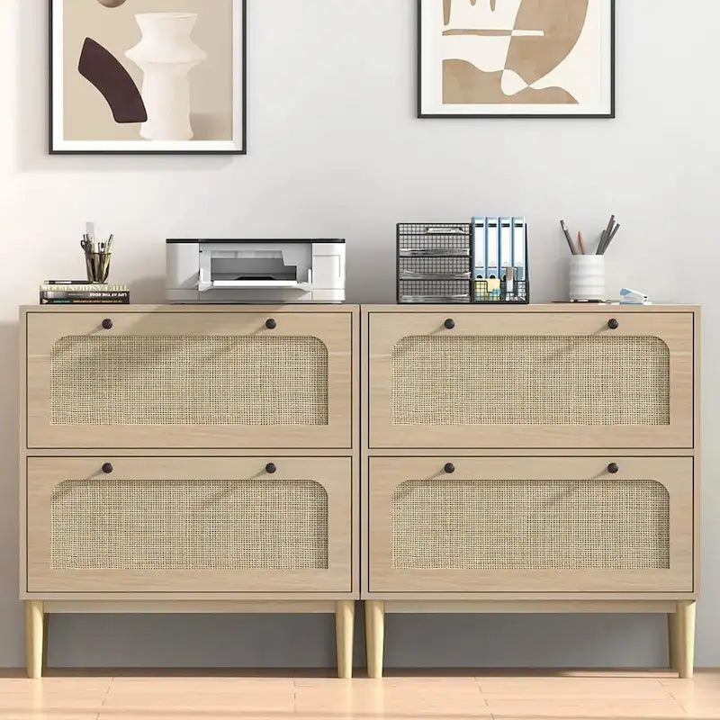 Wooden And Wicker Two-Drawer Horizontal Filing Cabinet With Adjustable Hanging Rods, Suitable For Letter/A4/Legal Size Documents.