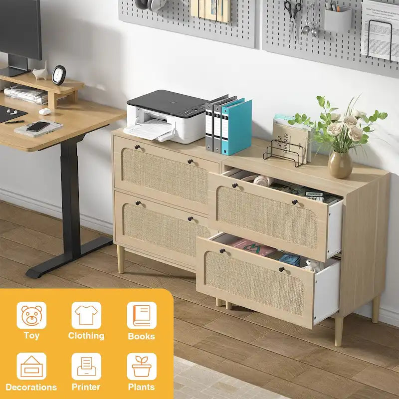 Wooden And Wicker Two-Drawer Horizontal Filing Cabinet With Adjustable Hanging Rods, Suitable For Letter/A4/Legal Size Documents.