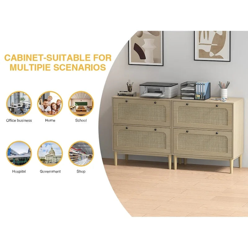 Wooden And Wicker Two-Drawer Horizontal Filing Cabinet With Adjustable Hanging Rods, Suitable For Letter/A4/Legal Size Documents.