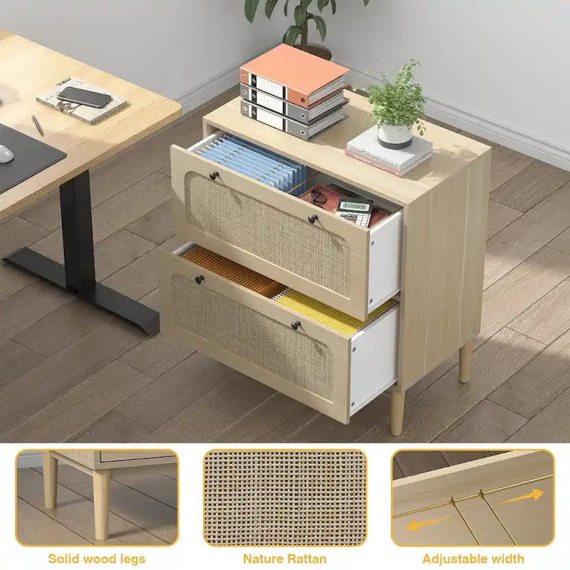 Wooden And Wicker Two-Drawer Horizontal Filing Cabinet With Adjustable Hanging Rods, Suitable For Letter/A4/Legal Size Documents.