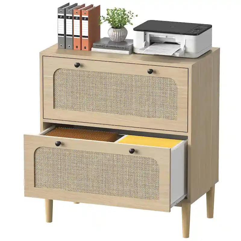 Wooden And Wicker Two-Drawer Horizontal Filing Cabinet With Adjustable Hanging Rods, Suitable For Letter/A4/Legal Size Documents.