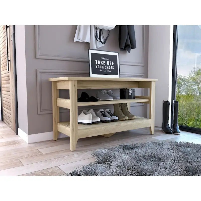 Storage Bench With Two Open Shelves And Four Legs.