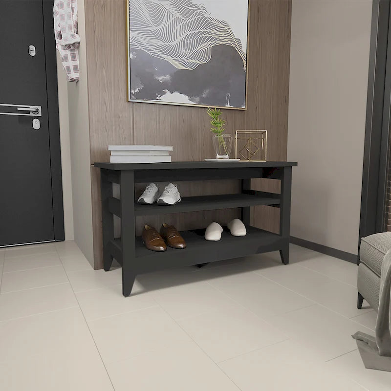 Storage Bench With Two Open Shelves And Four Legs.