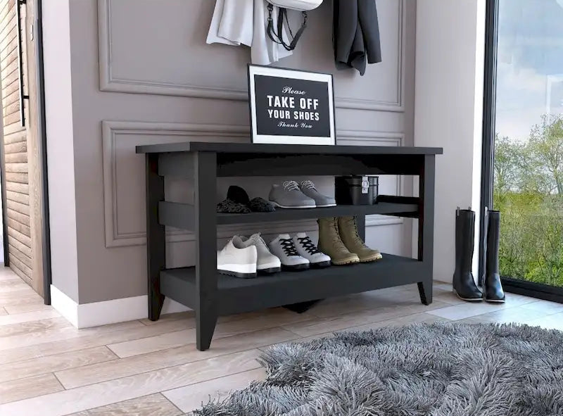Storage Bench With Two Open Shelves And Four Legs.
