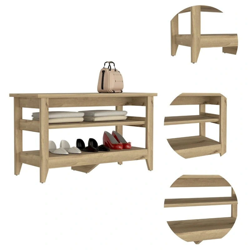 Storage Bench With Two Open Shelves And Four Legs.
