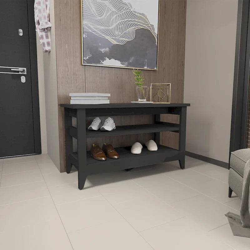 Storage Bench With Two Open Shelves And Four Legs.