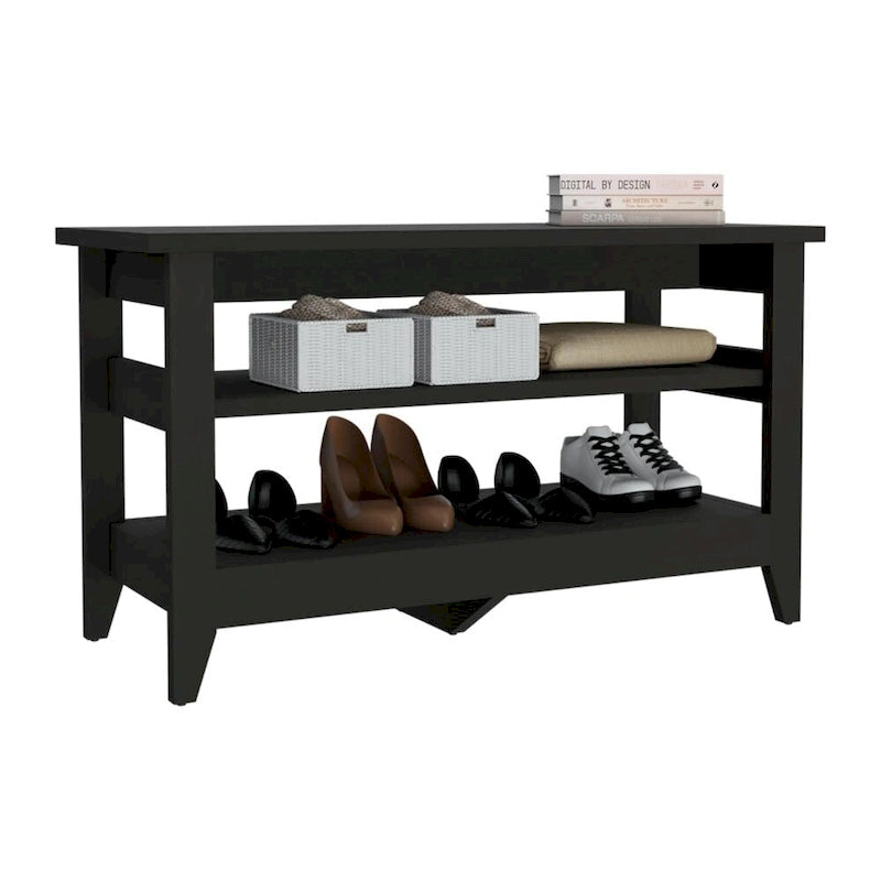 Storage Bench With Two Open Shelves And Four Legs.