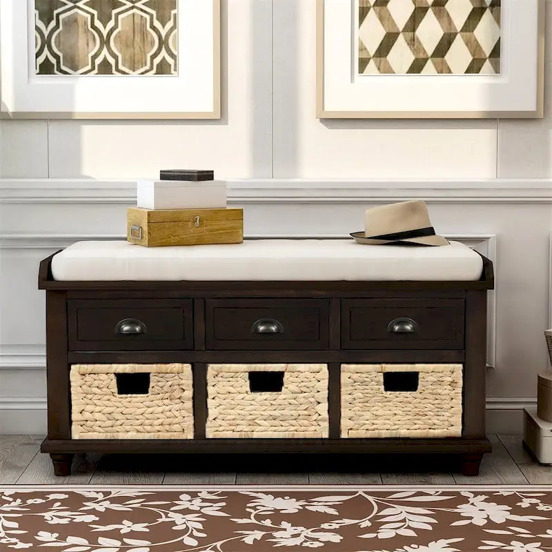 Three-drawer storage bench with three woven storage baskets.