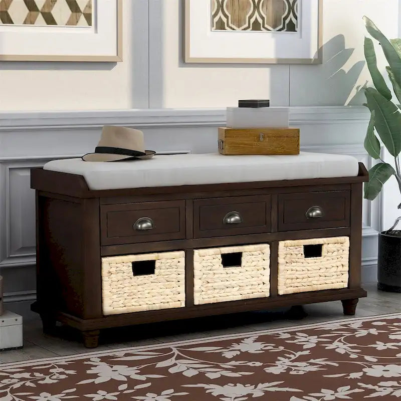 Three-drawer storage bench with three woven storage baskets.