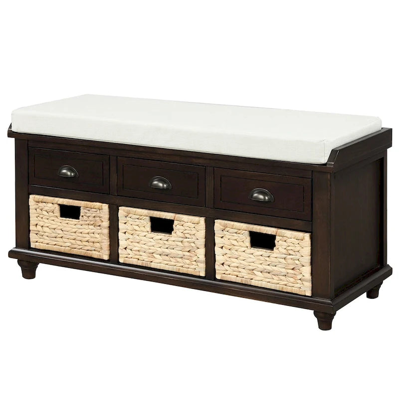 Three-drawer storage bench with three woven storage baskets.