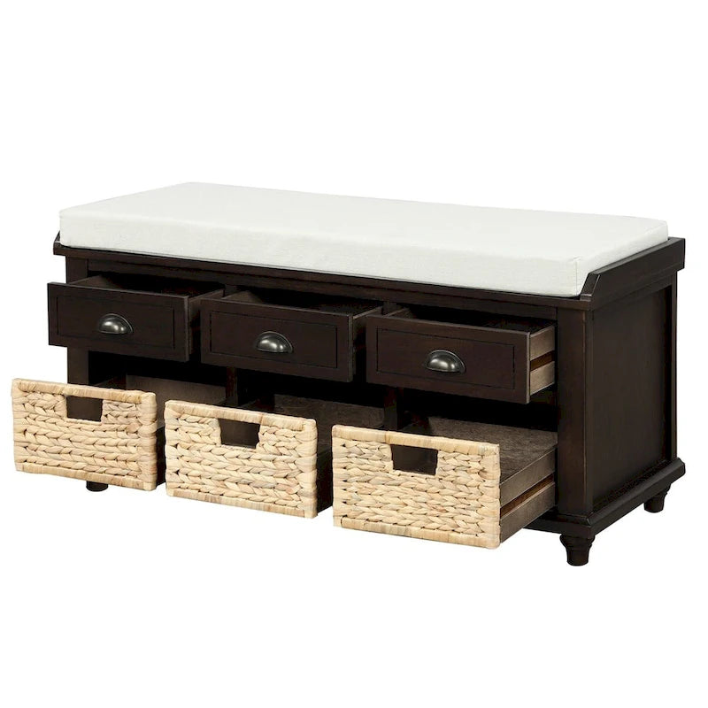 Three-drawer storage bench with three woven storage baskets.