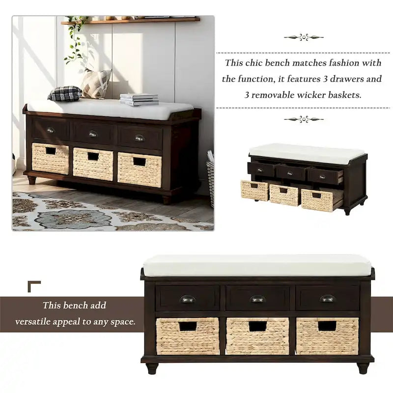 Three-drawer storage bench with three woven storage baskets.