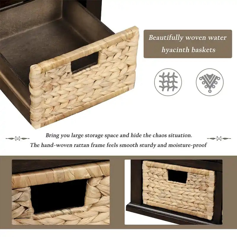 Three-drawer storage bench with three woven storage baskets.