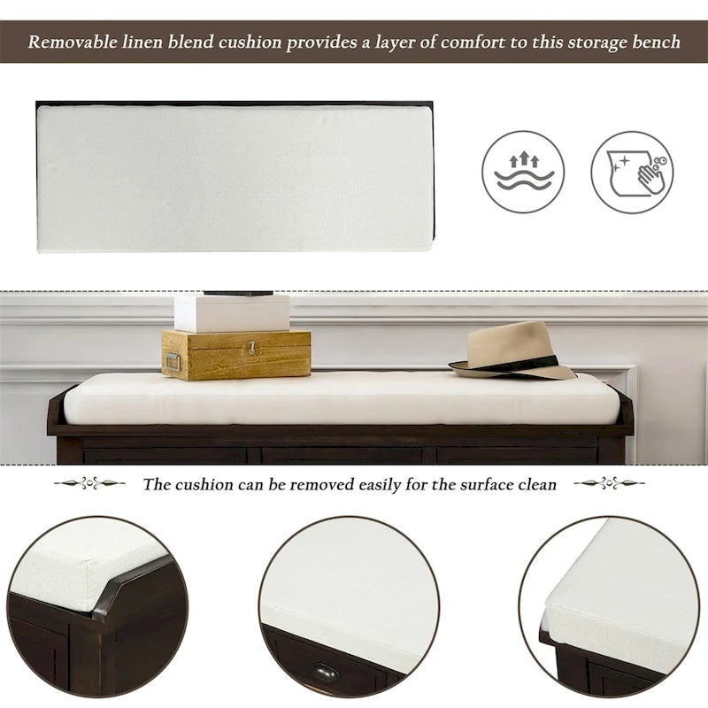 Three-drawer storage bench with three woven storage baskets.