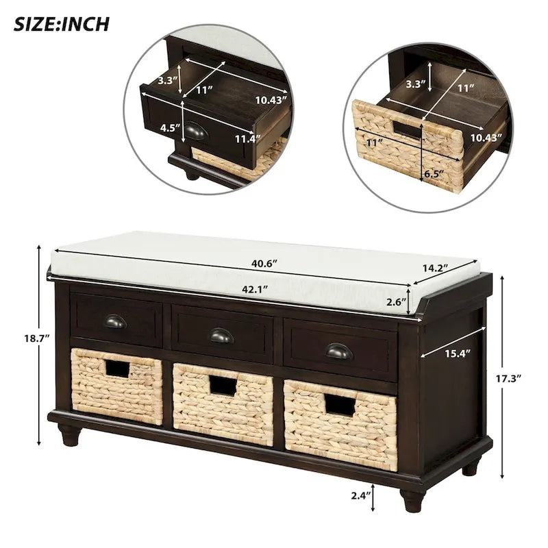 Three-drawer storage bench with three woven storage baskets.