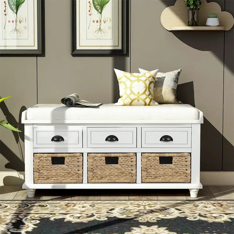 Three-drawer storage bench with three woven storage baskets.