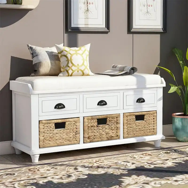 Three-drawer storage bench with three woven storage baskets.
