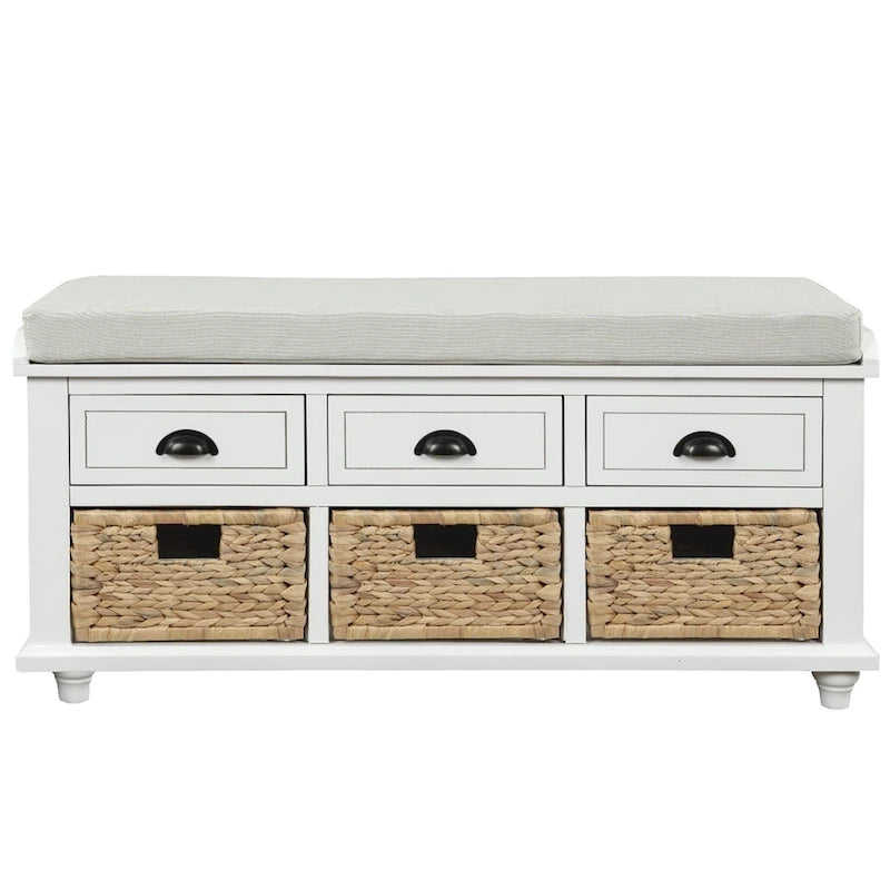 Three-drawer storage bench with three woven storage baskets.