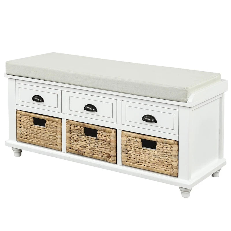 Three-drawer storage bench with three woven storage baskets.
