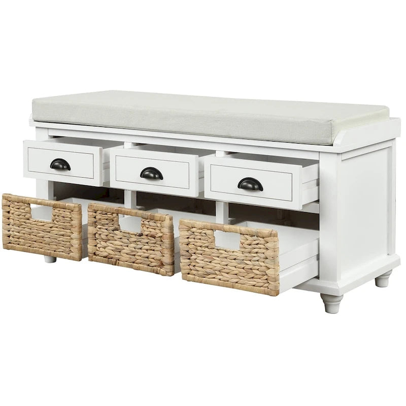 Three-drawer storage bench with three woven storage baskets.