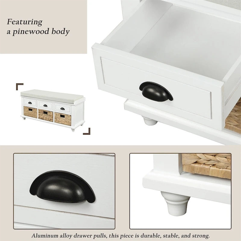 Three-drawer storage bench with three woven storage baskets.