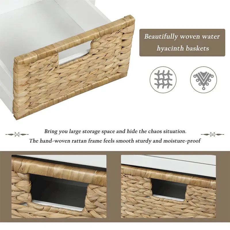 Three-drawer storage bench with three woven storage baskets.