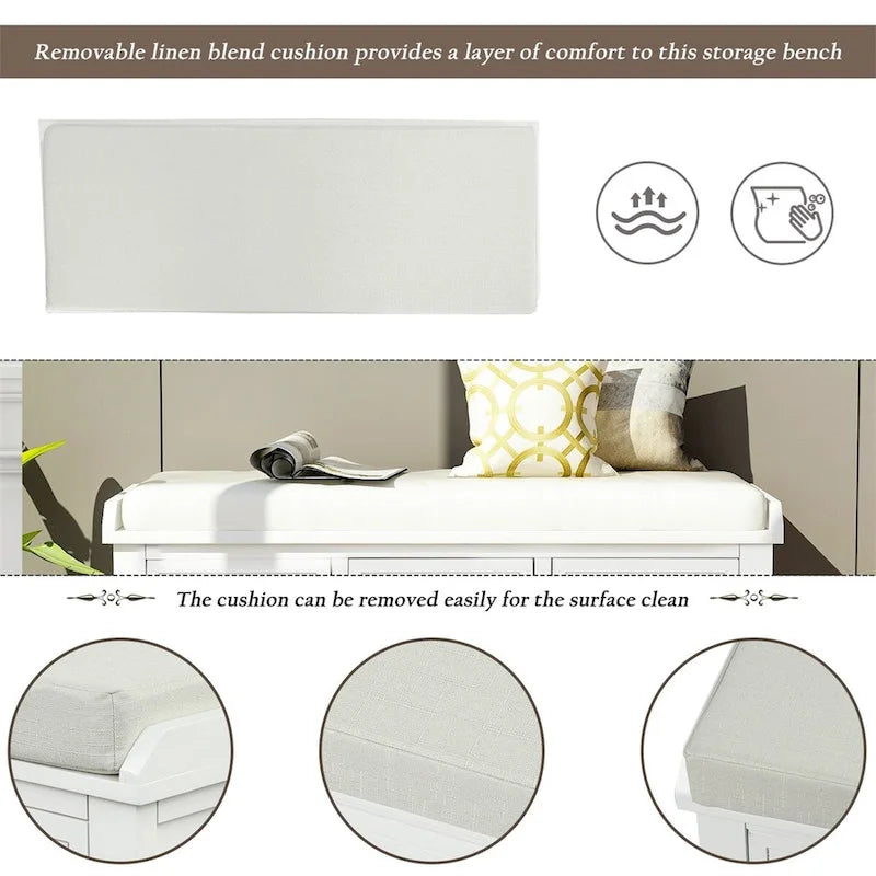 Three-drawer storage bench with three woven storage baskets.