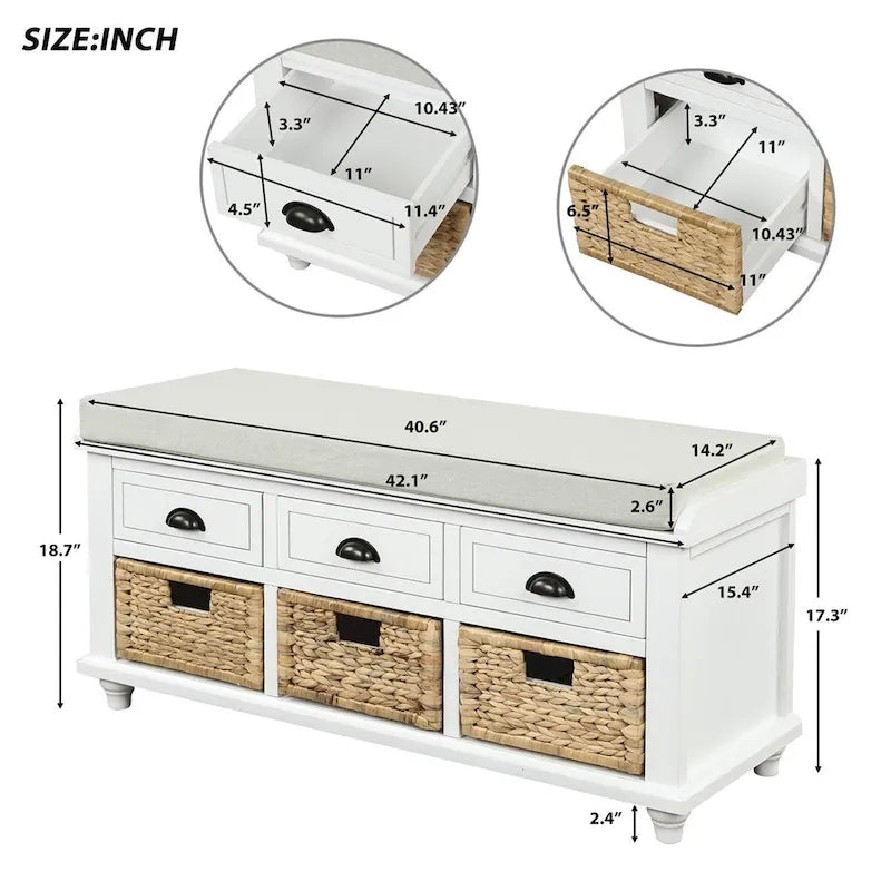 Three-drawer storage bench with three woven storage baskets.