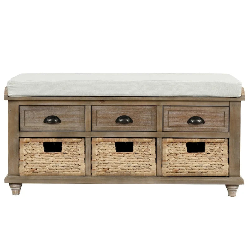 Three-drawer storage bench with three woven storage baskets.