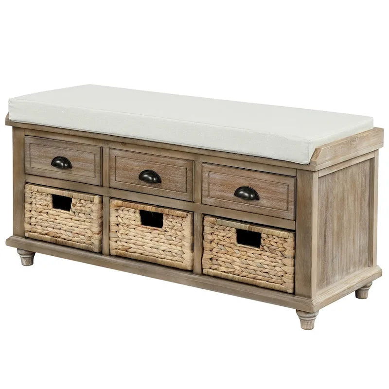Three-drawer storage bench with three woven storage baskets.