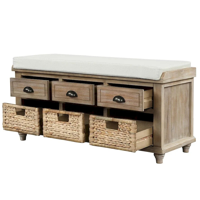 Three-drawer storage bench with three woven storage baskets.