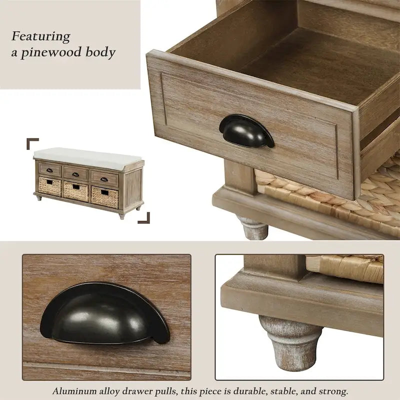 Three-drawer storage bench with three woven storage baskets.